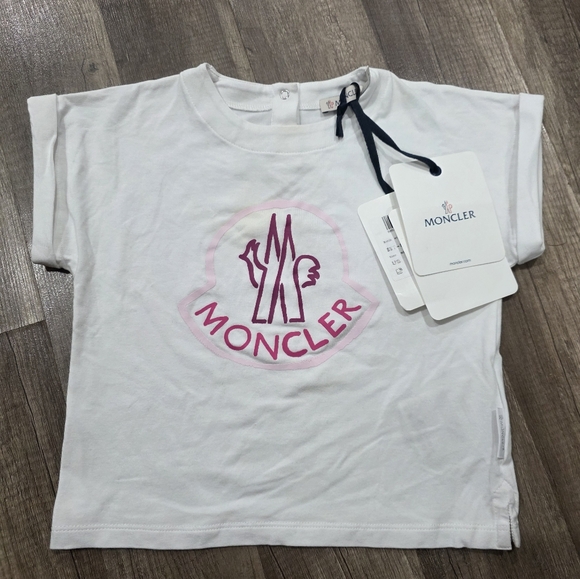 Nwt MONCLER GIRLS TODDLER LOGO APPLIQUE COTTON TEE shirt White Pink 18m 2T - Picture 1 of 11